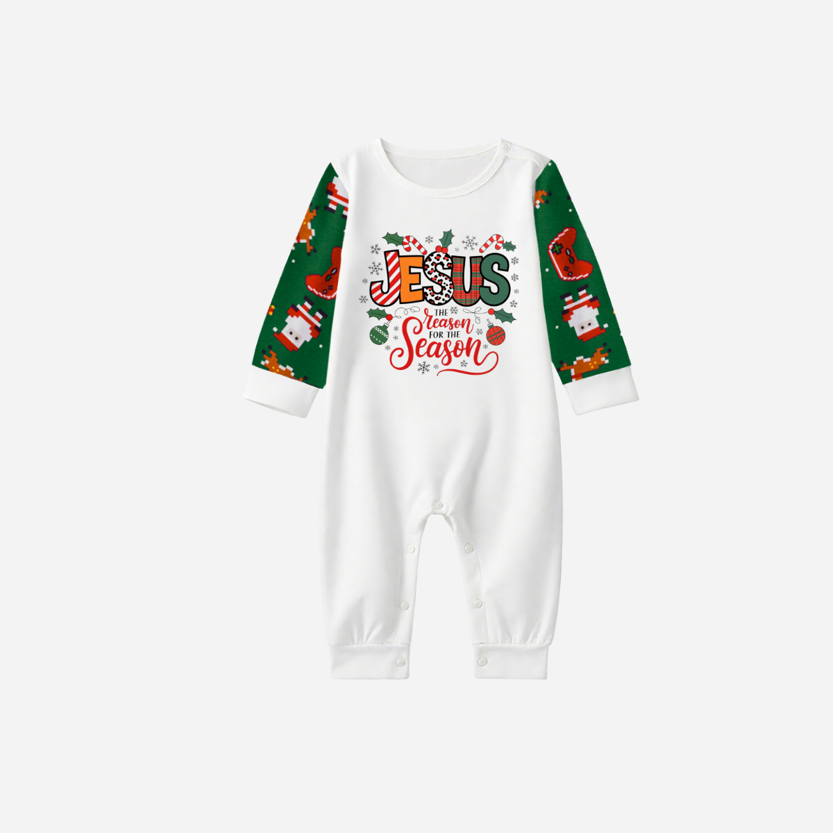"Jesus is the REASON for the Season" Matching Christmas Pajamas Set - Green Raglan Sleeves Santa Print Pants Pajamas