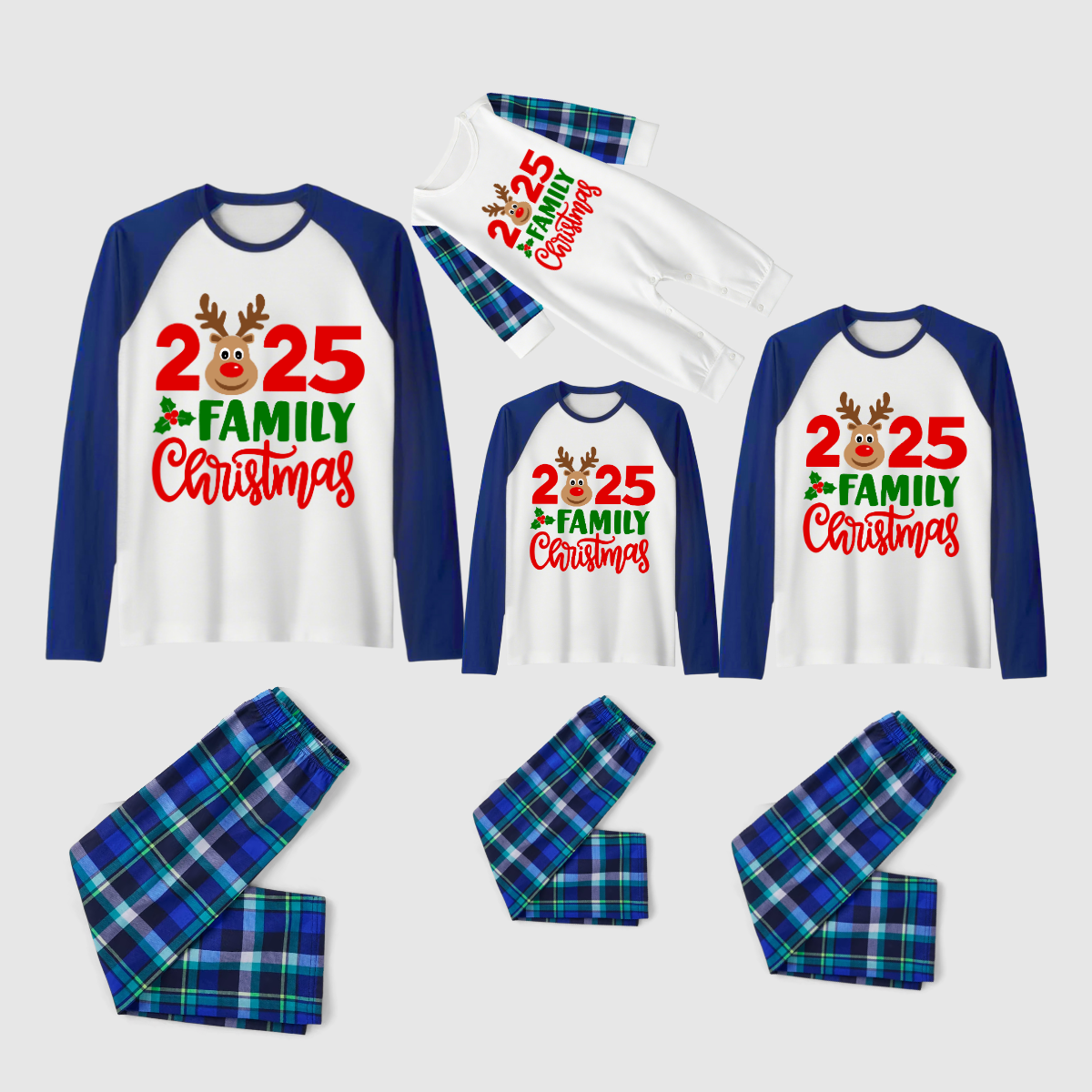 2025 Blue Plaid Reindeer Family Christmas Pajamas Set -White Top