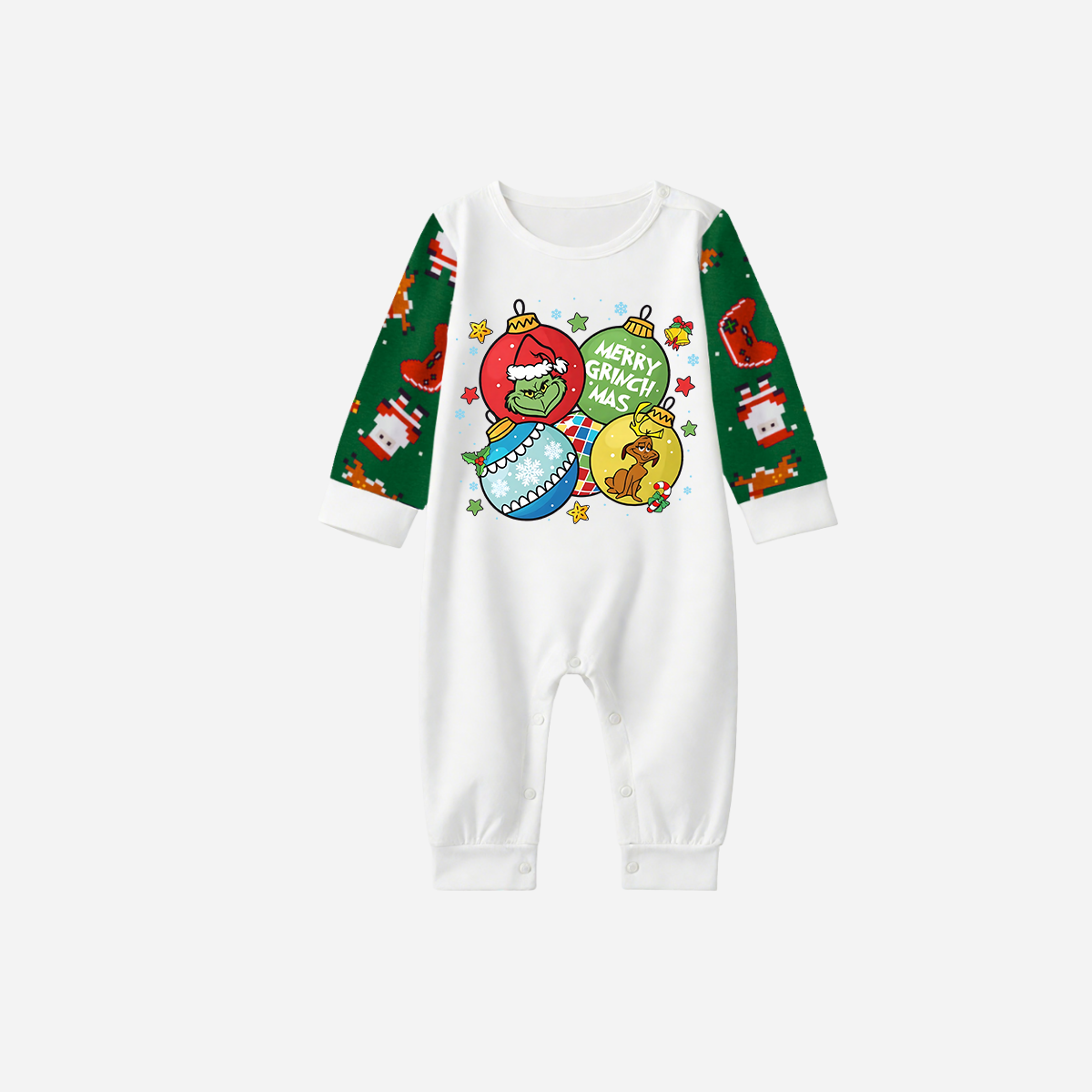 Joyful Green Raglan Top Christmas Pajamas Set With Ball Ornaments and Grinch Print