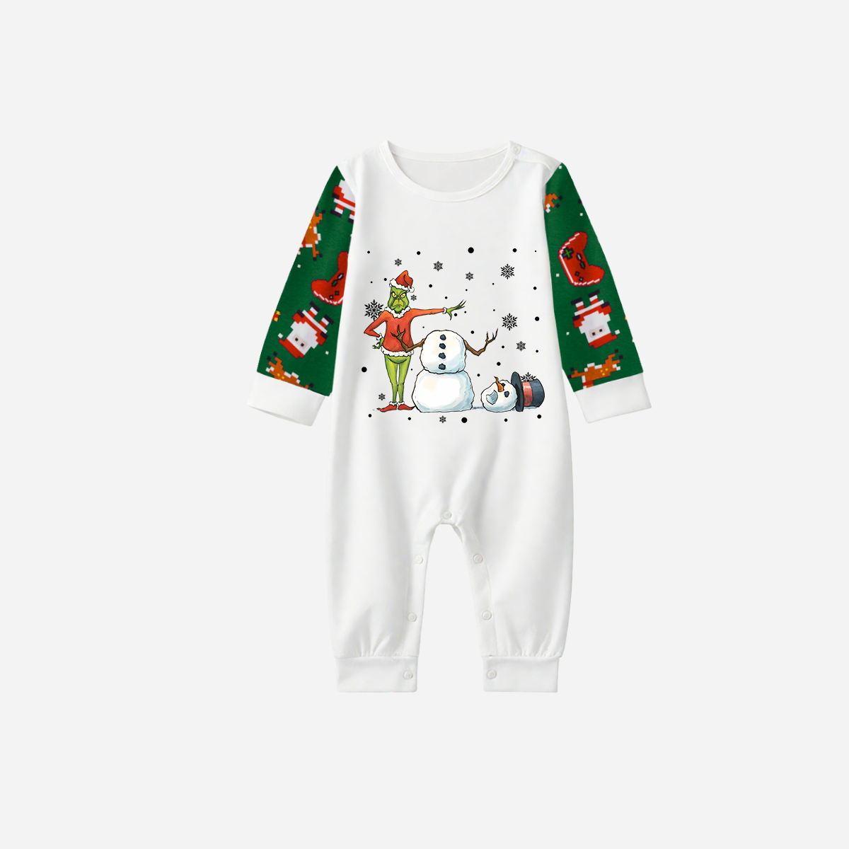 Joyful Green Raglan Top Christmas Pajamas Set With Snowman and Christmas Grinch Print
