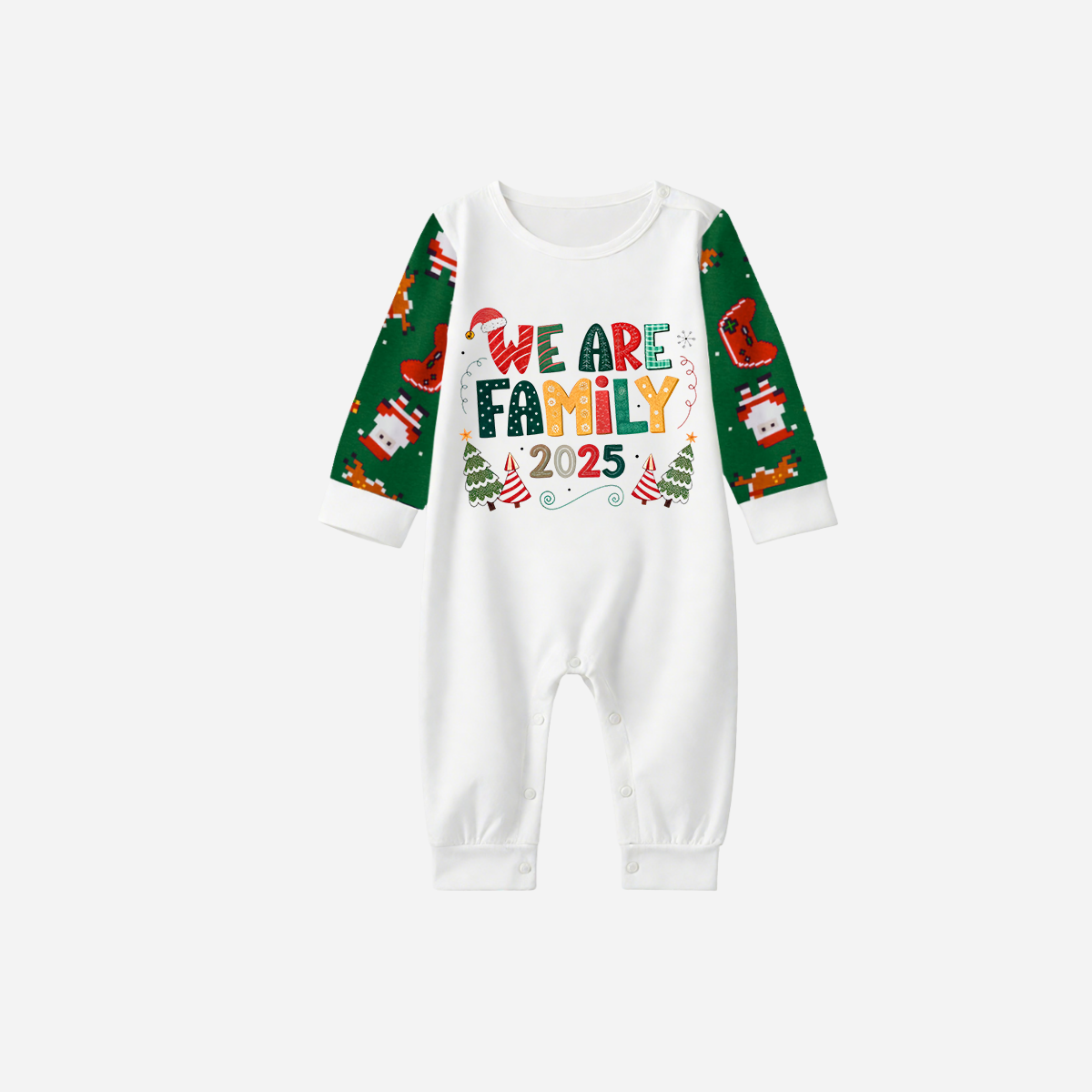 Joyful Green Raglan Top Christmas Pajamas Set With "We are Family" Colorful Text Print