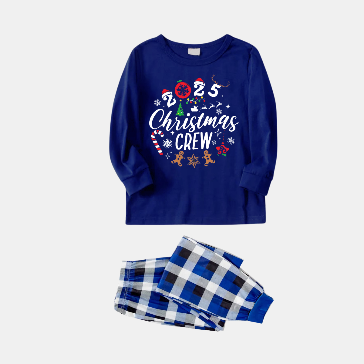 "2025 Christmas Crew" Text and Christmas Pattern Printed Blue and White Plaid Family Matching Pajamas