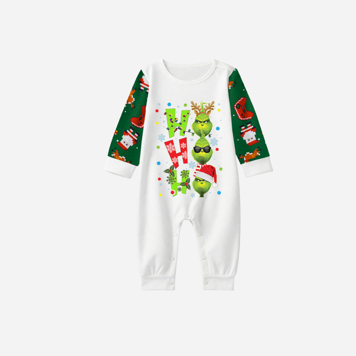 Joyful Green Raglan Top Christmas Pajamas Set With "ho ho ho" and Christmas Grinch Print