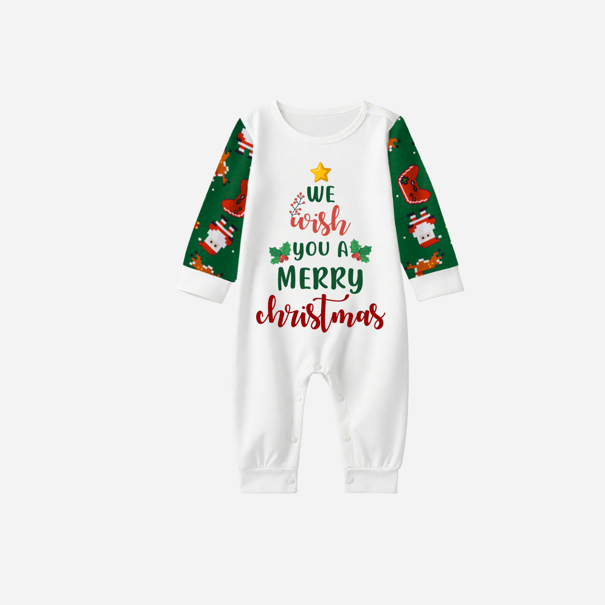 Joyful Green Raglan Top Christmas Pajamas Set With "We Wish You a Merry Christmas" Text Print