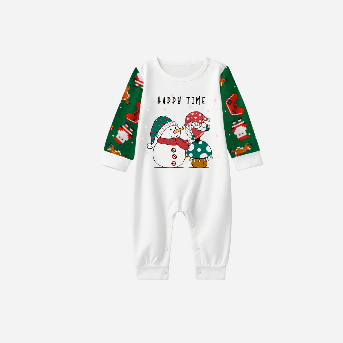 Joyful Green Raglan Top Christmas Pajamas Set With Snowman and Gnome and "Happy Time" Text Print