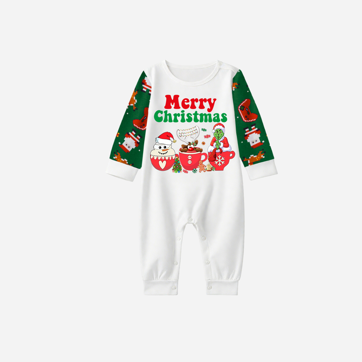 Joyful Green Raglan Top Christmas Pajamas Set With "Merry Christmas" and Cartoon Pattern Print