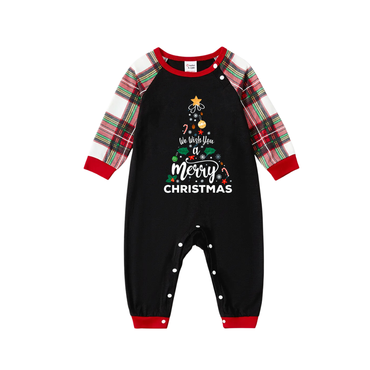 "We Wish You a Merry Christmas" Printed Pattern Black Long Sleeve Top with Red & Green & White Plaid Family Matching Pajamas