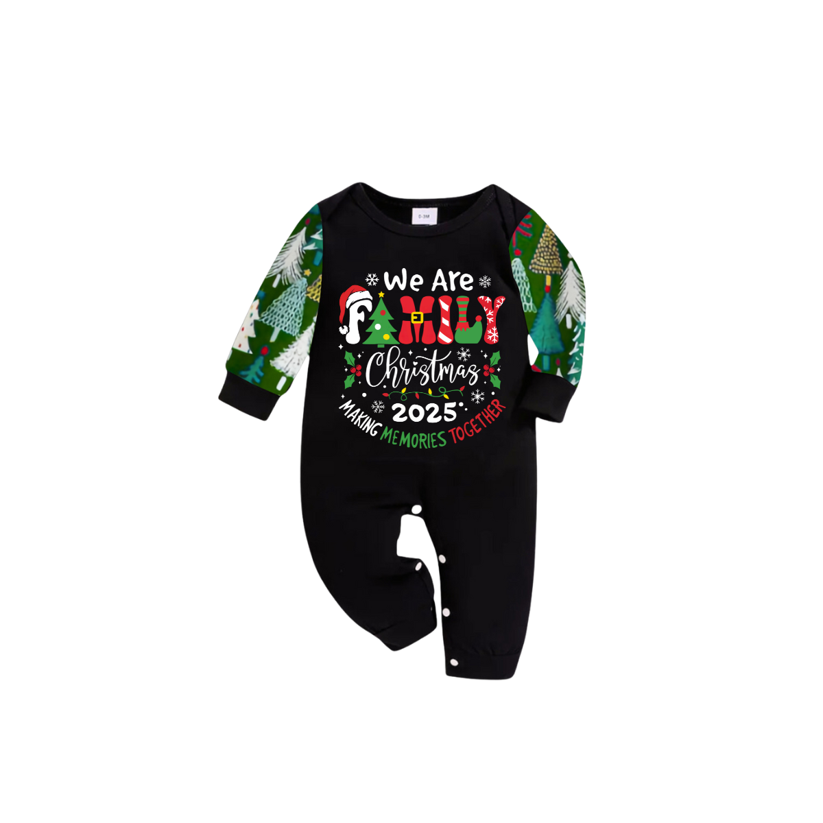 We Are Family Christmas 2025 Making Memories Family Pajamas Set - Black Top, Green Pants, Christmas Tree Print Sleeves
