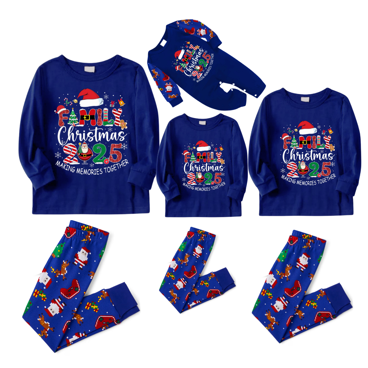 Cozy Blue Christmas Pajamas Set With "Family Christmas 2025 Making Memories Together" Text Print