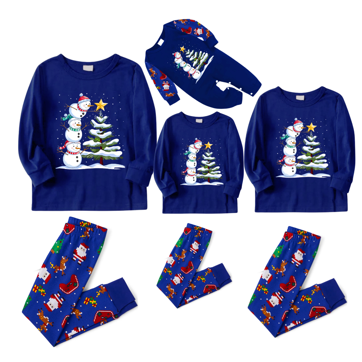 Cozy Blue Christmas Pajamas Set with Snowman & Christmas Tree Print