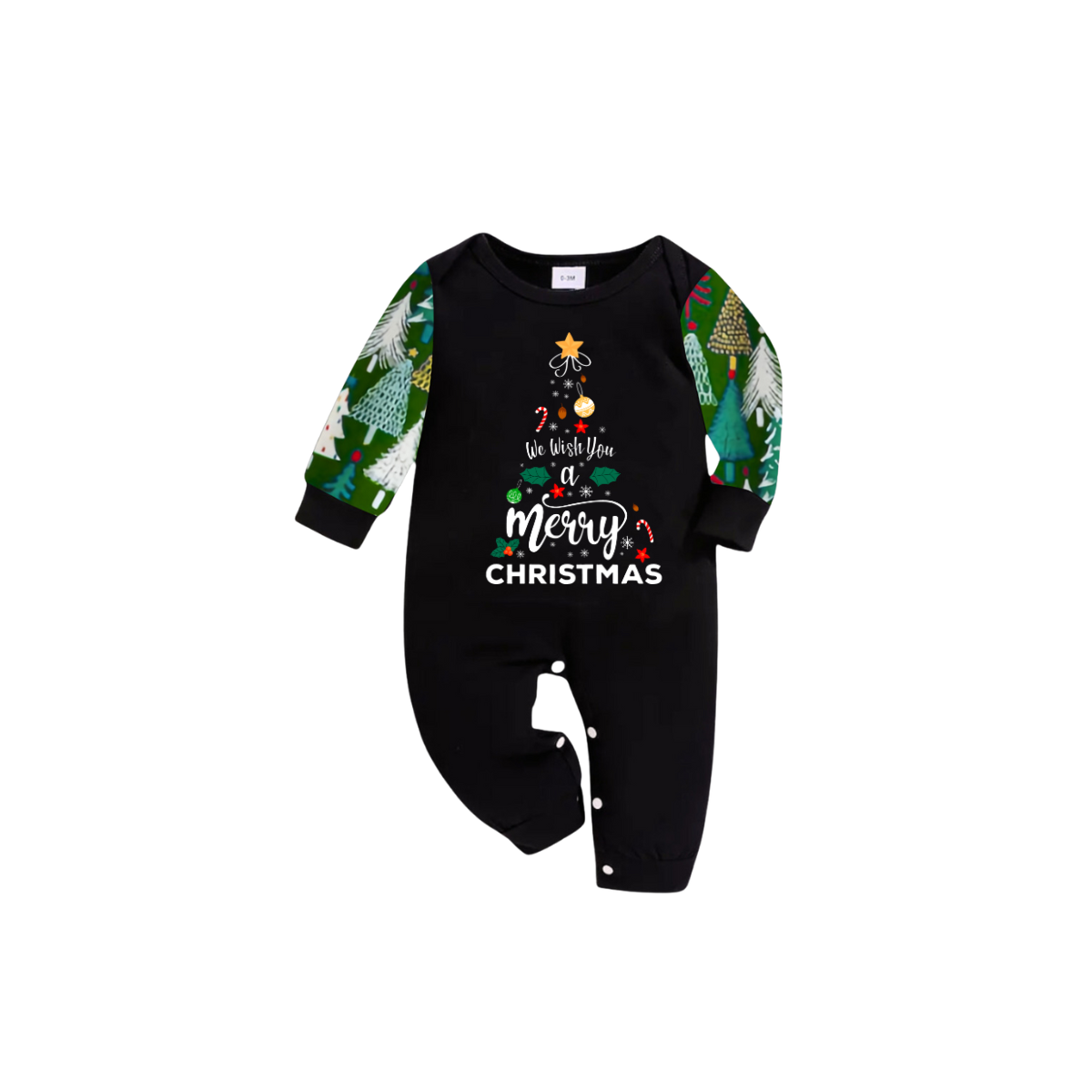 We Wish You a Merry Christmas Family Pajamas Set - Black Top / Christmas Tree Print Green Pants / Christmas Tree Print Sleeves