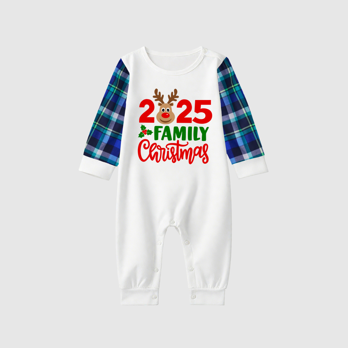 2025 Blue Plaid Reindeer Family Christmas Pajamas Set -White Top