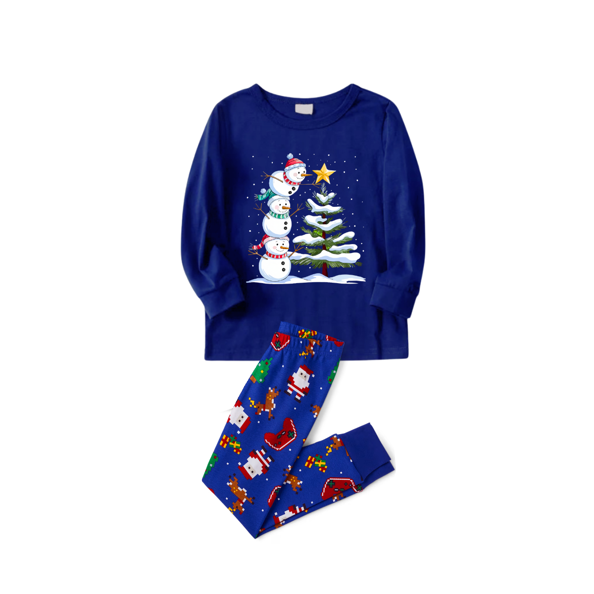 Cozy Blue Christmas Pajamas Set with Snowman & Christmas Tree Print
