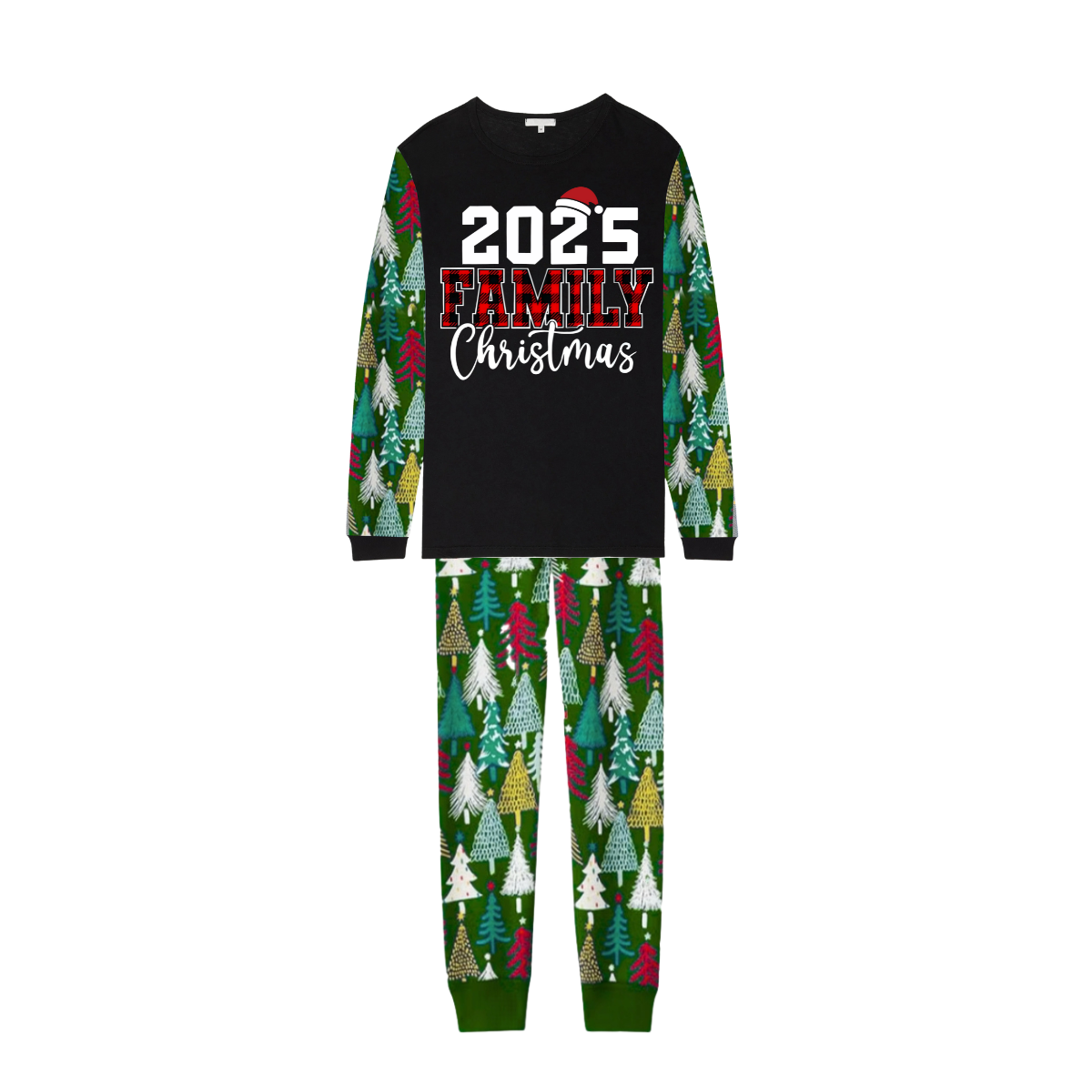 2025 Family Christmas Family Pajamas Set - Black Top, Green Pants, Christmas Tree Print Sleeves, Letter Print