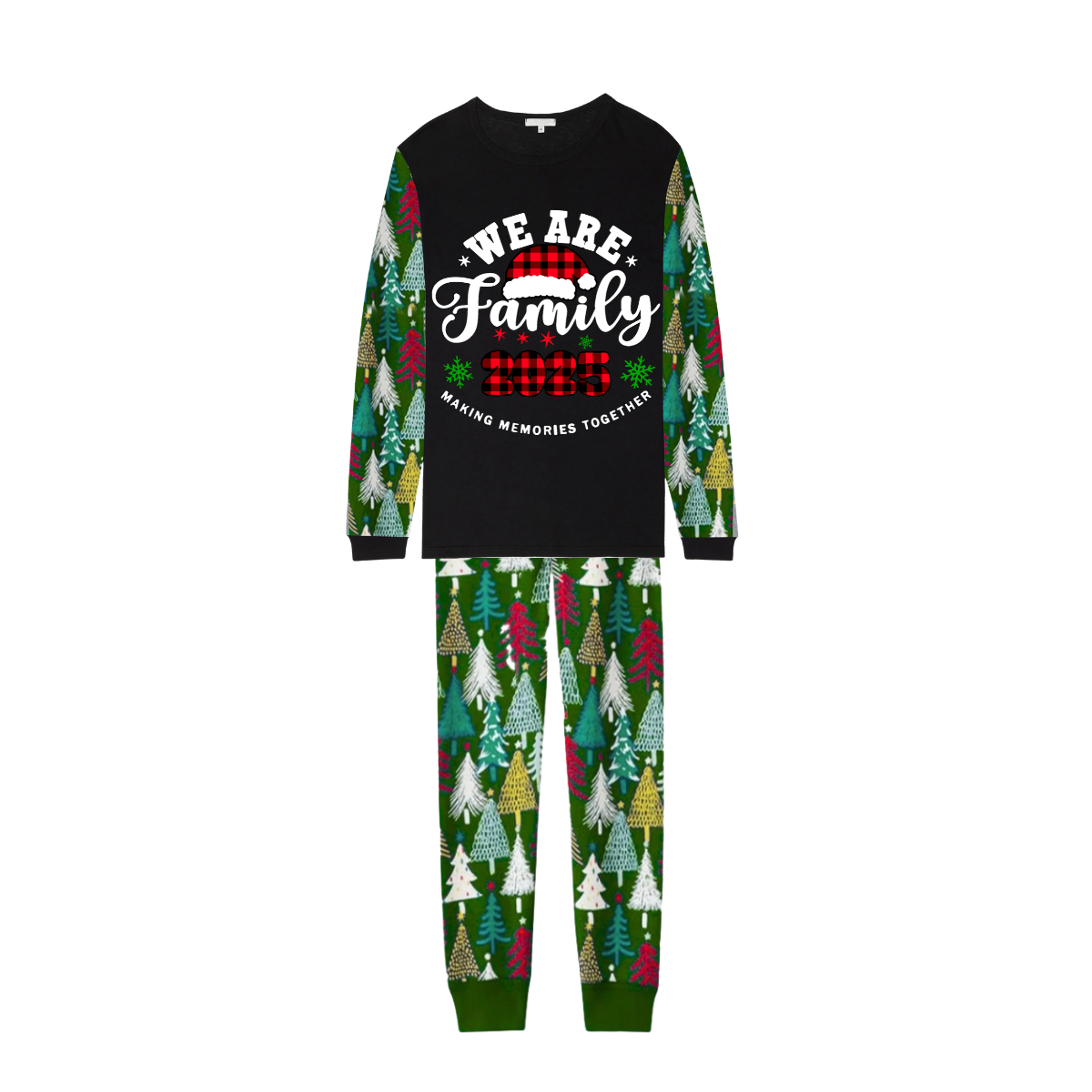 2025 We Are Family Christmas Family Pajamas Set - Black Top / Green Tree Print Pants / Green Tree Print Sleeves