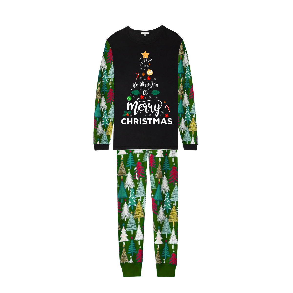 We Wish You a Merry Christmas Family Pajamas Set - Black Top / Christmas Tree Print Green Pants / Christmas Tree Print Sleeves
