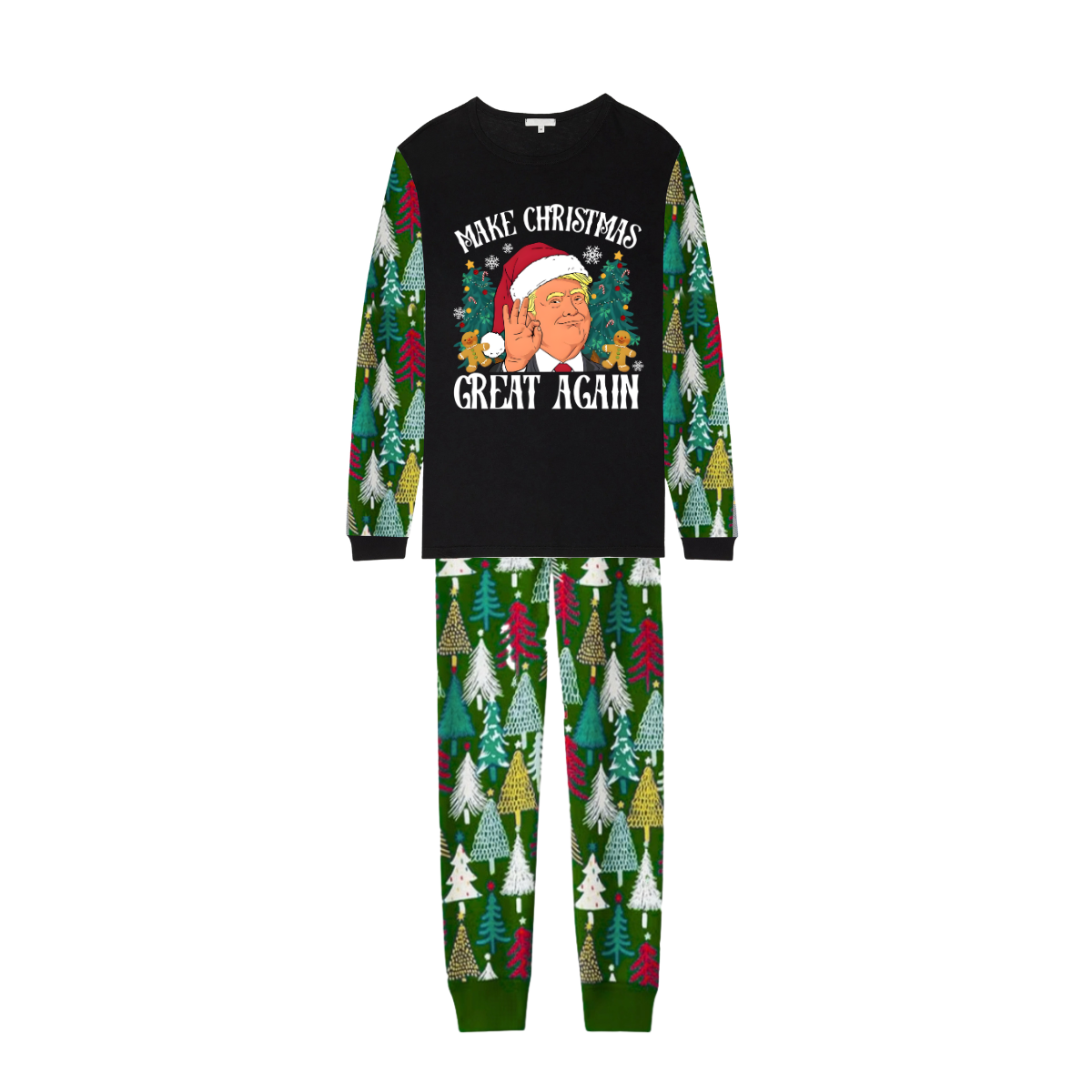 Christmas Cartoon Trump Make Christmas Great Again Family Pajamas Set - Black Top, Green Pants, Christmas Tree Pattern