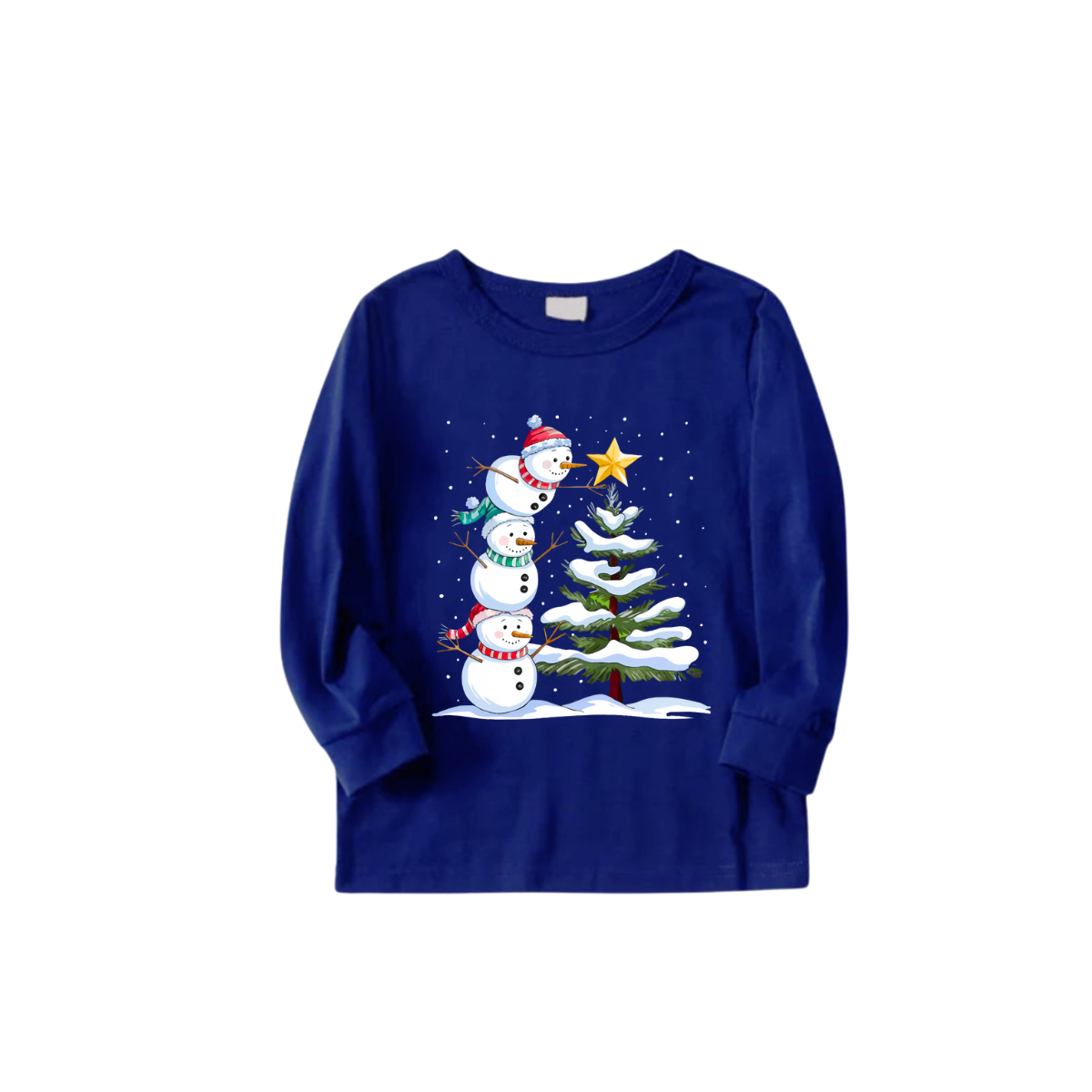 Cozy Blue Christmas Pajamas Set with Snowman & Christmas Tree Print