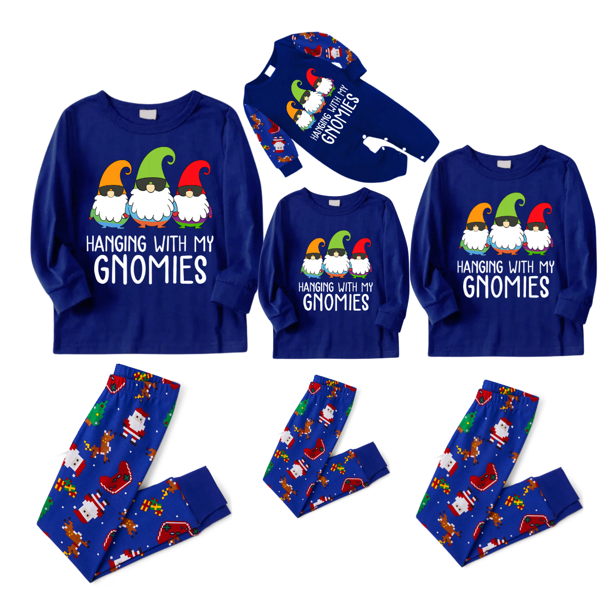 Hanging With My Gnomies Christmas 2025 Family Pajamas Set - Blue Top, Blue Pants, Blue Christmas Cartoon Sleeves