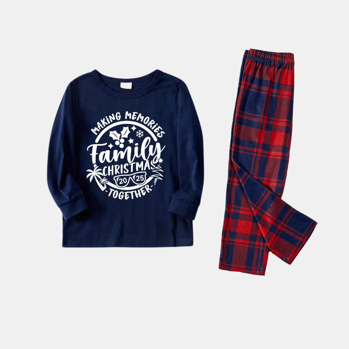 Christmas Make Memories Together 2025 Print Blue Long Sleeve Top with Red & Blue Plaid Family Matching Pajamas