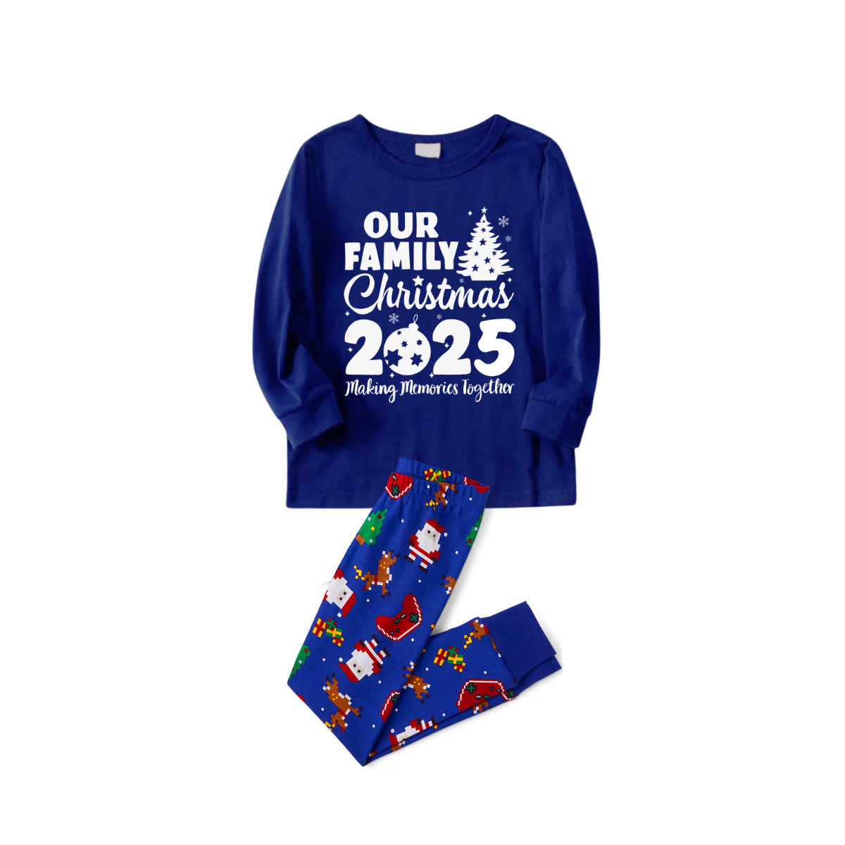 2025 Our Family Christmas Matching Pajamas - Blue with Santa Pattern