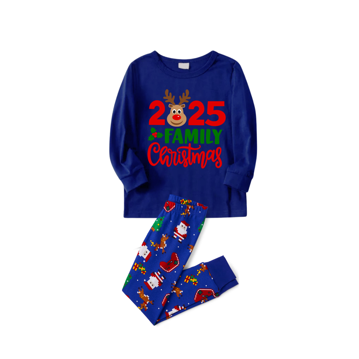 2025 Reindeer Family Christmas Family Pajamas Set - Blue Top / Blue Santa Print Pants / Blue Santa Print Sleeves