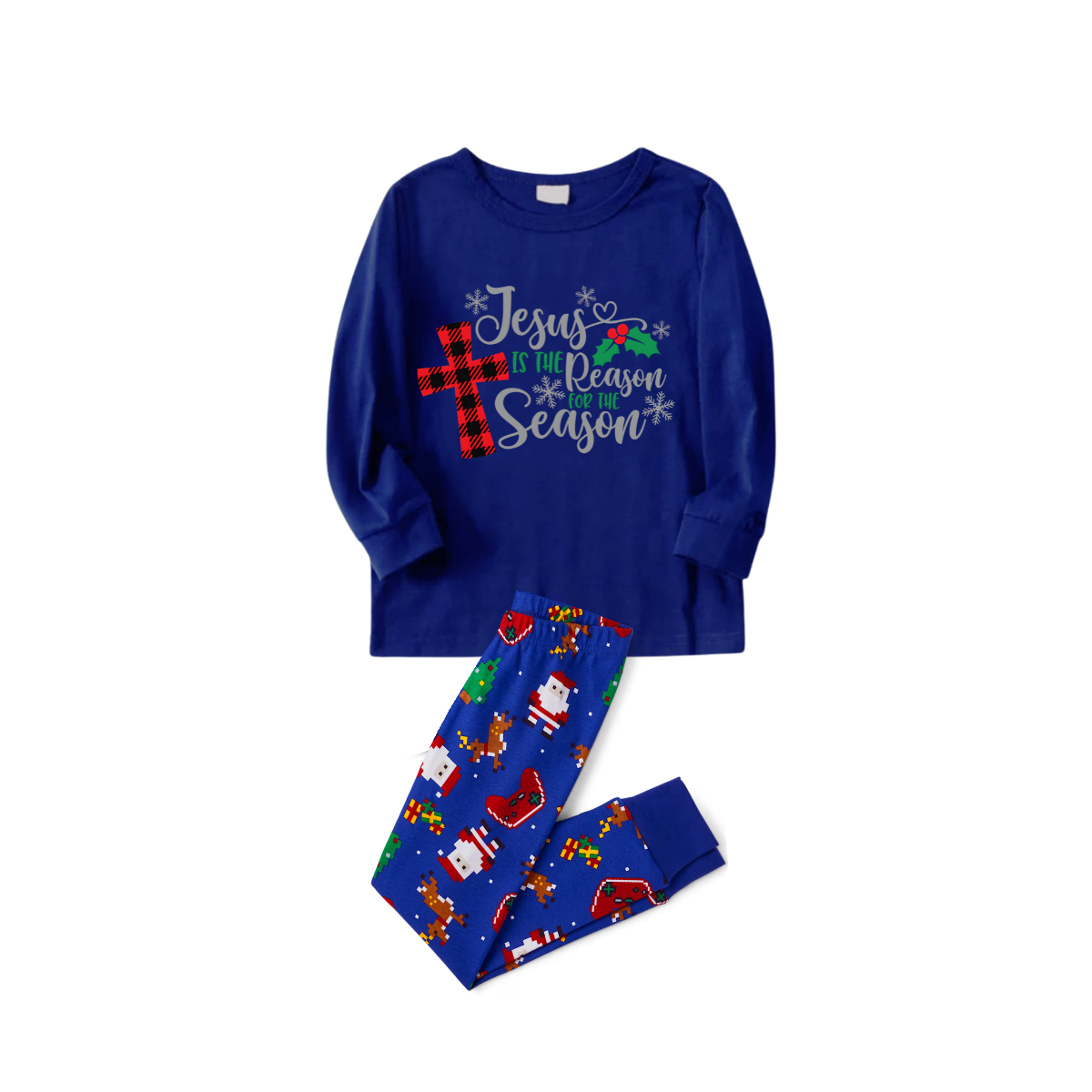 Matching Family Christmas Pajamas Jesus Is the Reason, Blue with Santa Pattern
