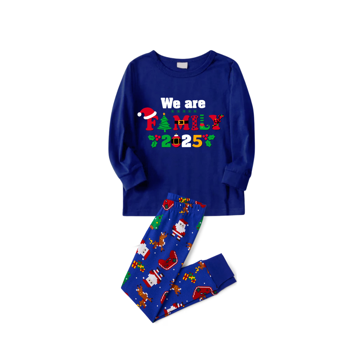 We Are Family Christmas 2025 Family Pajamas Set - Blue Top, Blue Pants, Blue Christmas Cartoon Sleeves
