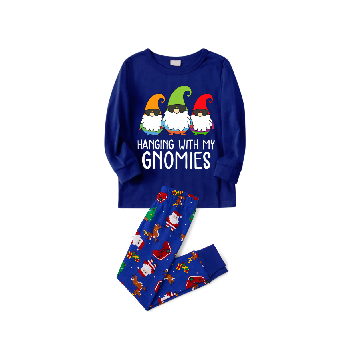 Hanging With My Gnomies Christmas 2025 Family Pajamas Set - Blue Top, Blue Pants, Blue Christmas Cartoon Sleeves
