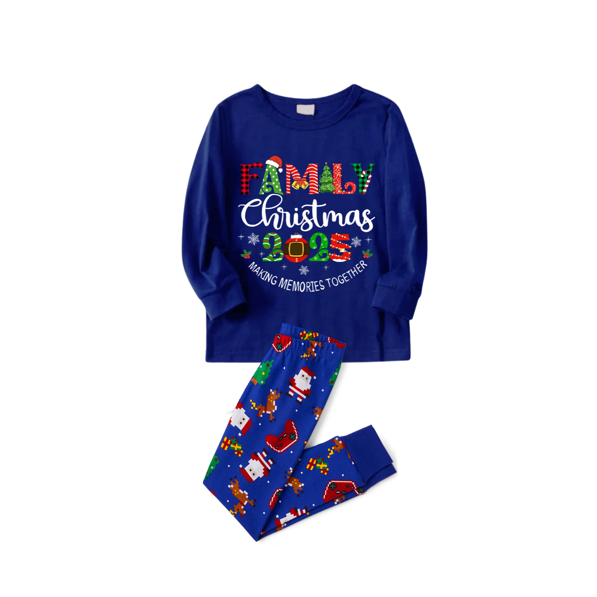 Family Christmas 2025 Making Memories Family Pajamas Set - Blue Top, Blue Pants, Blue Christmas Cartoon Sleeves