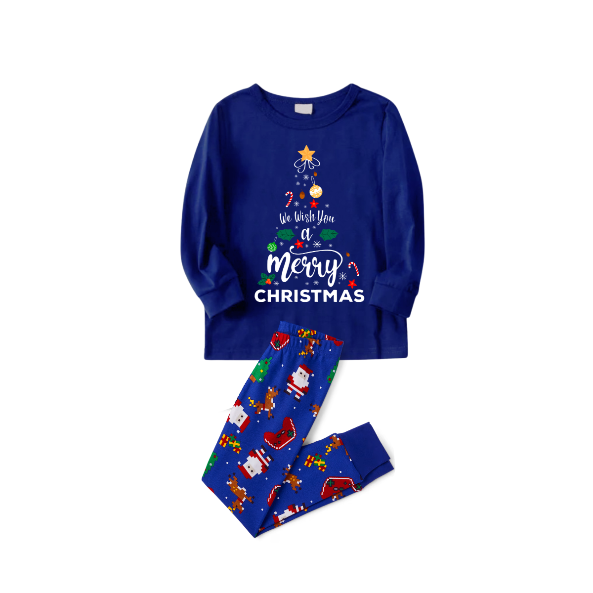 We Wish You a Merry Christmas Family Pajamas Set - Blue Top / Santa and Reindeer Print Blue Pants / Matching Blue Sleeves