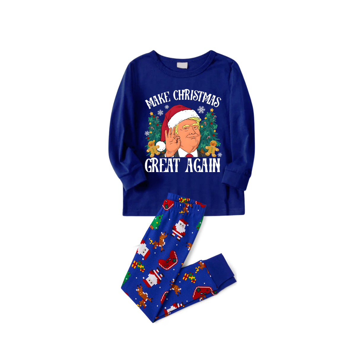 Christmas Cartoon Trump Make Christmas Great Again Family Pajamas Set - Blue Top, Blue Pants, Santa Pattern