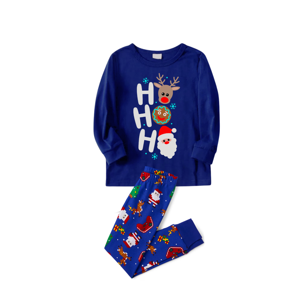 HO HO HO Christmas Pajama Set in Blue with Santa, Reindeer, and Gingerbread