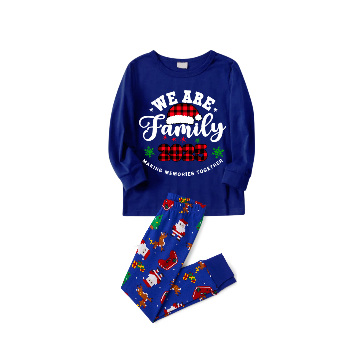 2025 We Are Family Christmas Family Pajamas Set - Blue Top / Blue Santa Print Pants / Blue Santa Print Sleeves