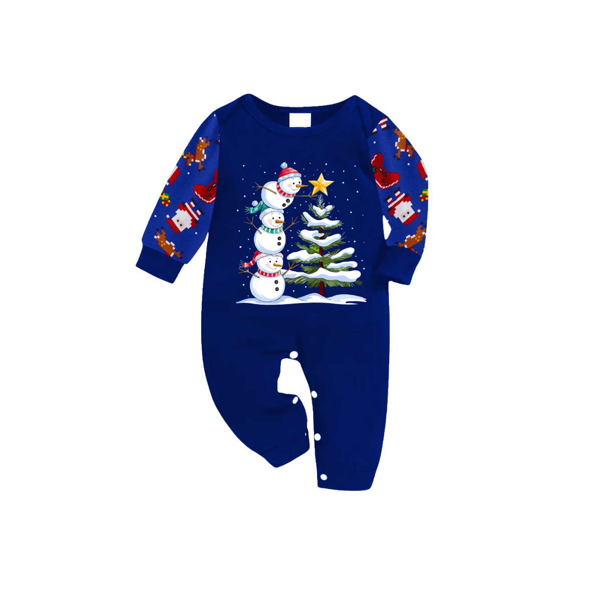 Cozy Blue Christmas Pajamas Set with Snowman & Christmas Tree Print