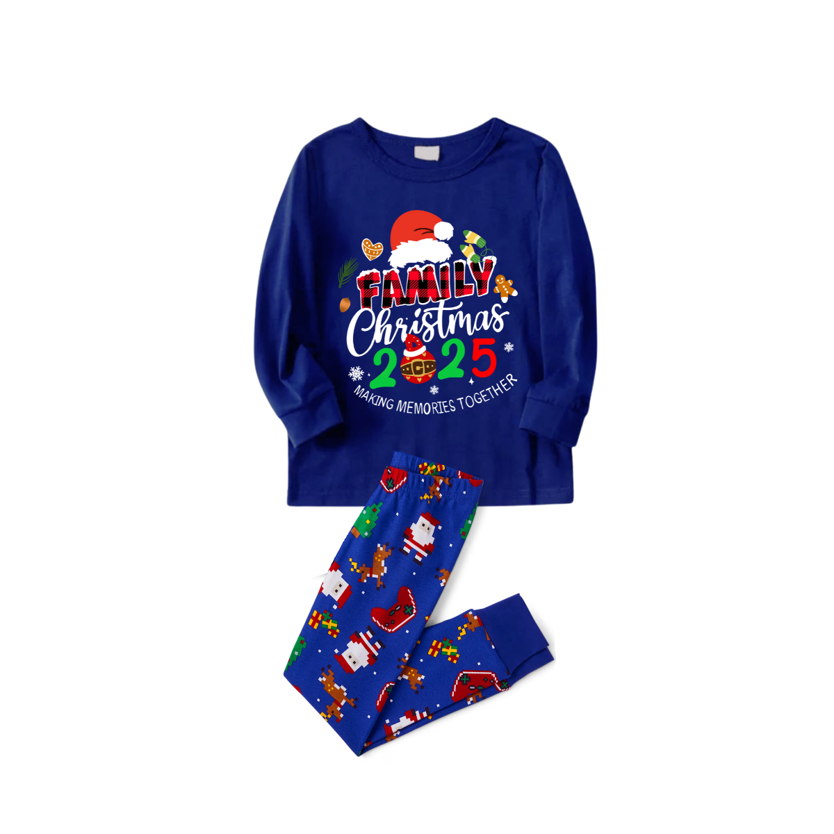 Merry Christmas 2025 Making Memories Family Pajamas Set - Blue Top, Blue Pants, Christmas Cartoon Sleeves, Santa & Gingerbread Print