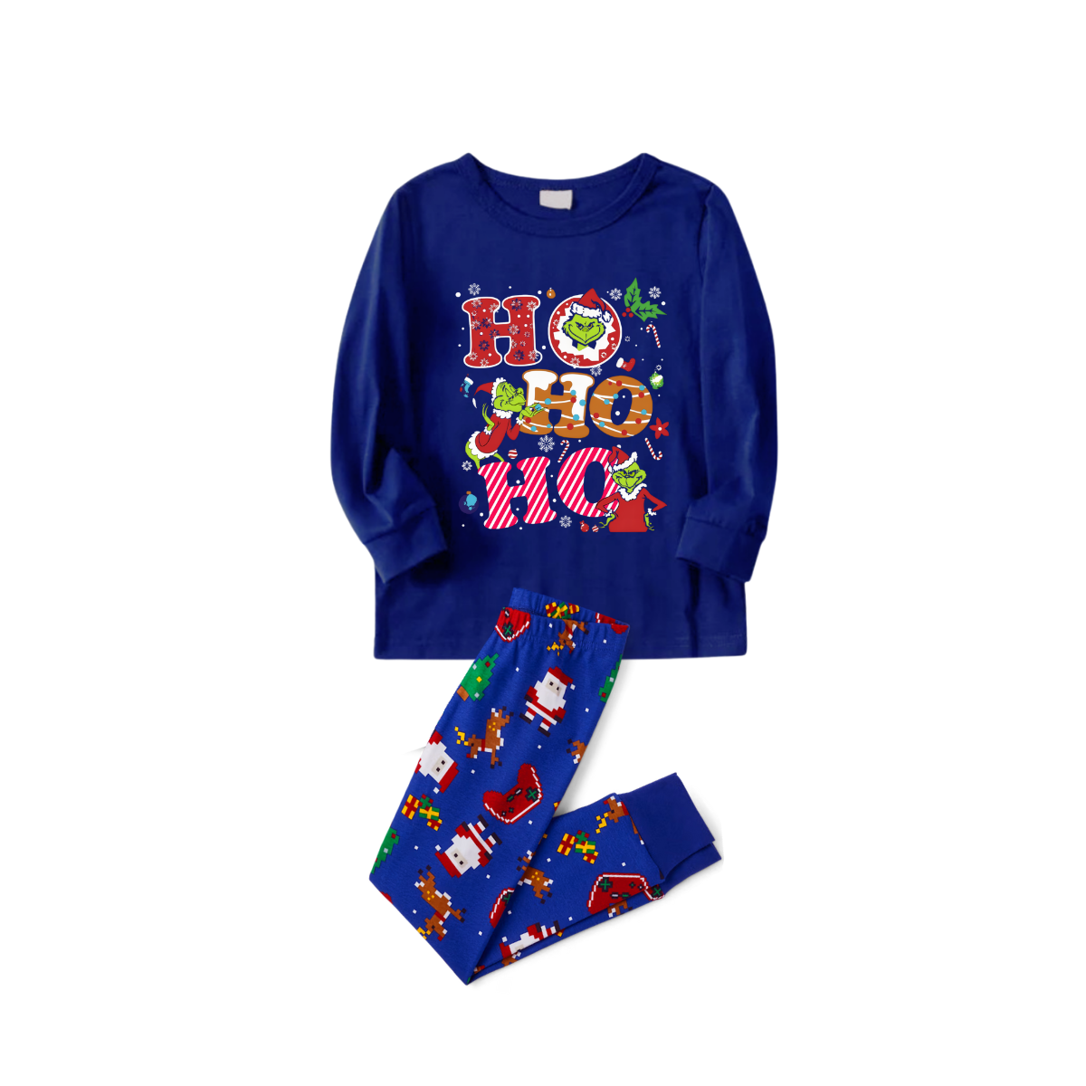 Cozy Blue Christmas Pajamas Set With Grinch and "HO HO HO" Text Print