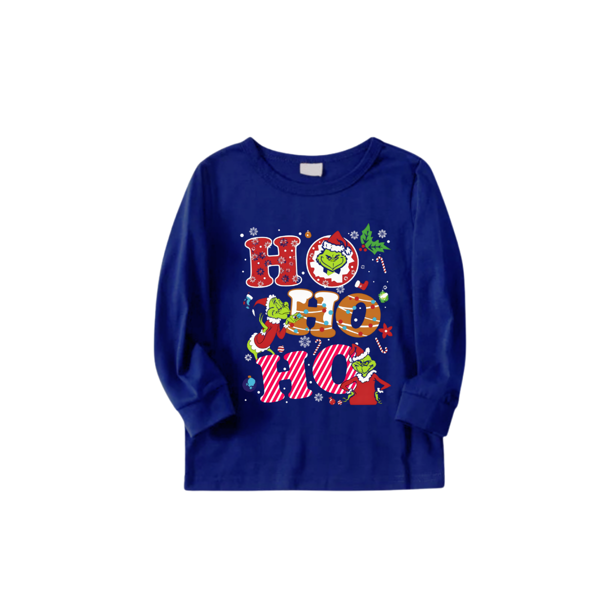 Cozy Blue Christmas Pajamas Set With Grinch and "HO HO HO" Text Print