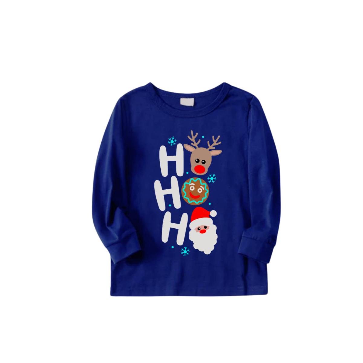 HO HO HO Christmas Pajama Set in Blue with Santa, Reindeer, and Gingerbread