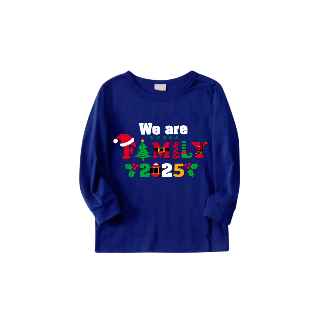 We Are Family Christmas 2025 Family Pajamas Set - Blue Top, Blue Pants, Blue Christmas Cartoon Sleeves