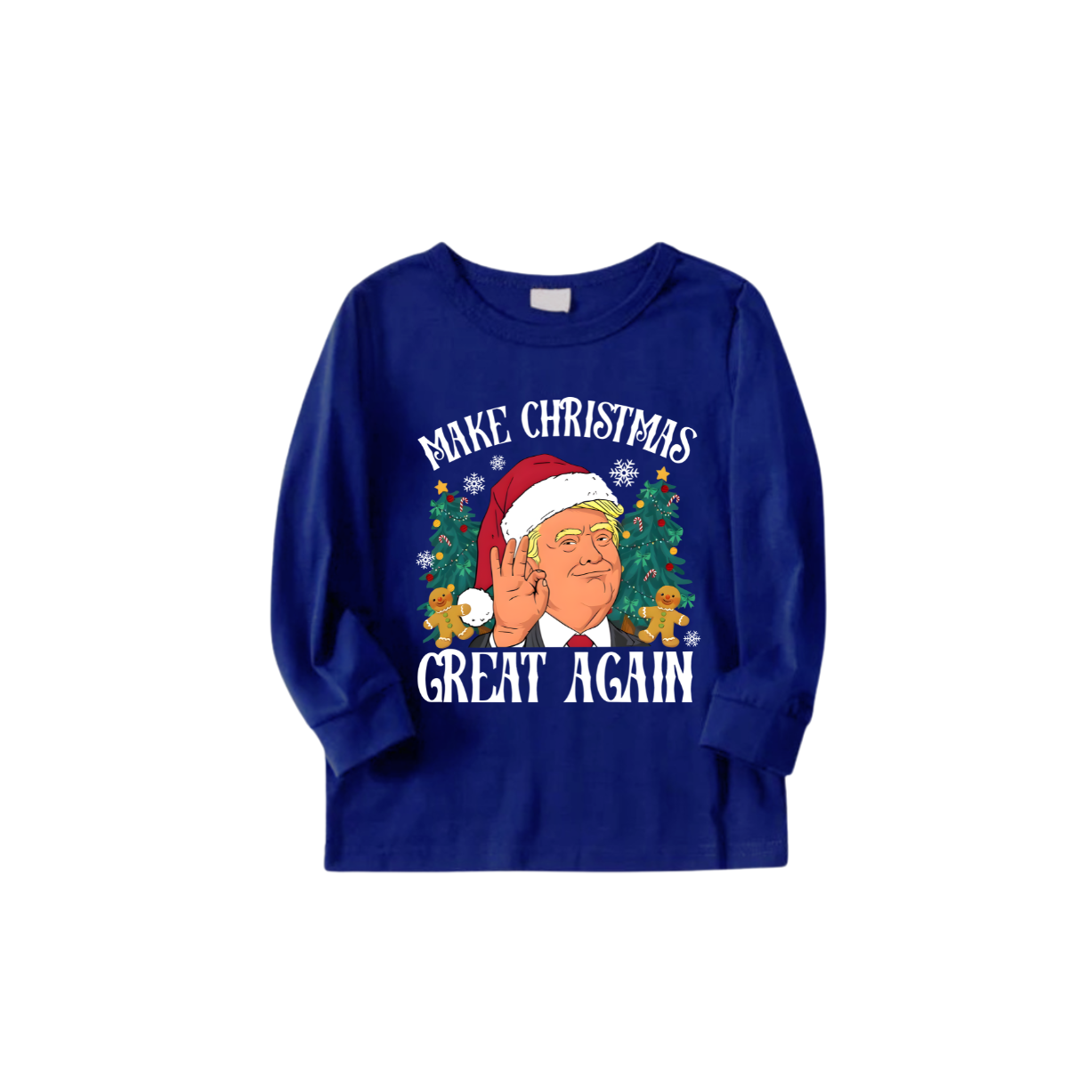 Christmas Cartoon Trump Make Christmas Great Again Family Pajamas Set - Blue Top, Blue Pants, Santa Pattern