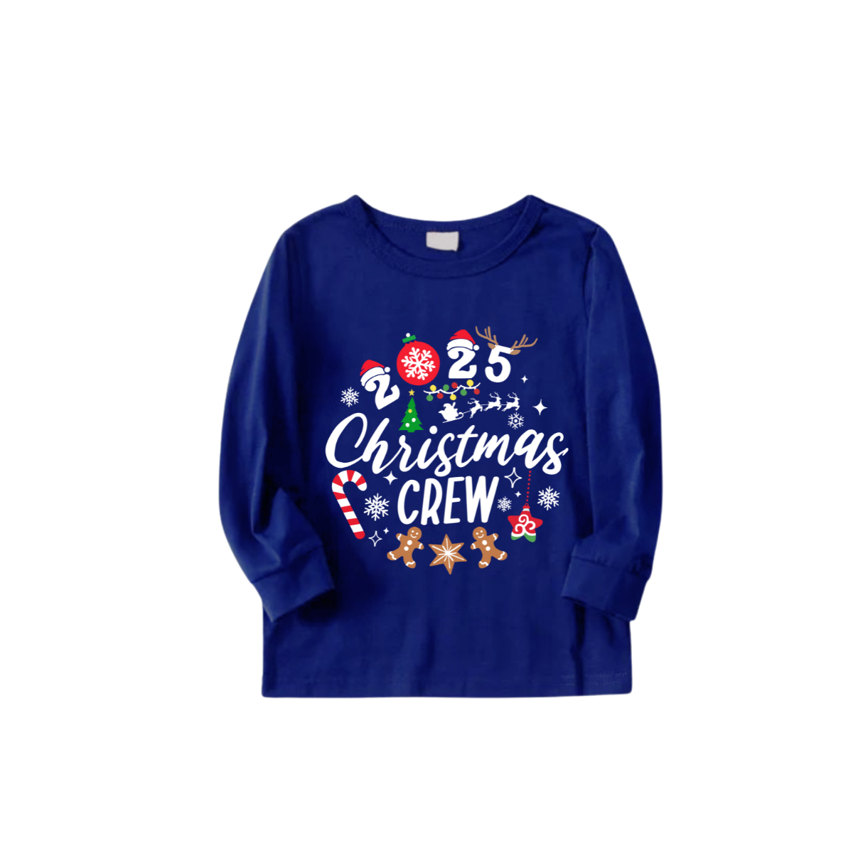 Christmas Crew 2025 Family Pajamas Set - Blue Top, Blue Pants, Blue Christmas Cartoon Sleeves, Gingerbread Candy Print