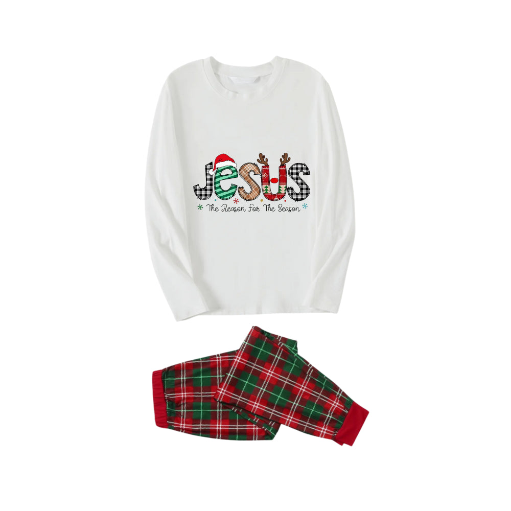 "Jesus" and Christmas Pattern Printed Red and Green Plaid Christmas Pajama Set
