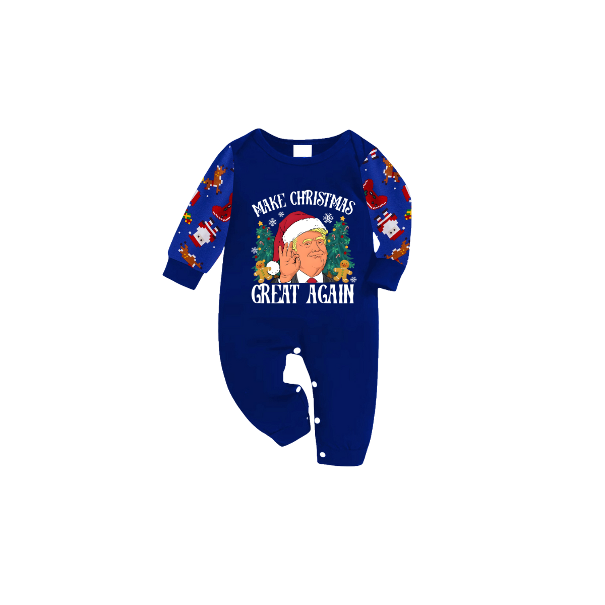 Christmas Cartoon Trump Make Christmas Great Again Family Pajamas Set - Blue Top, Blue Pants, Santa Pattern