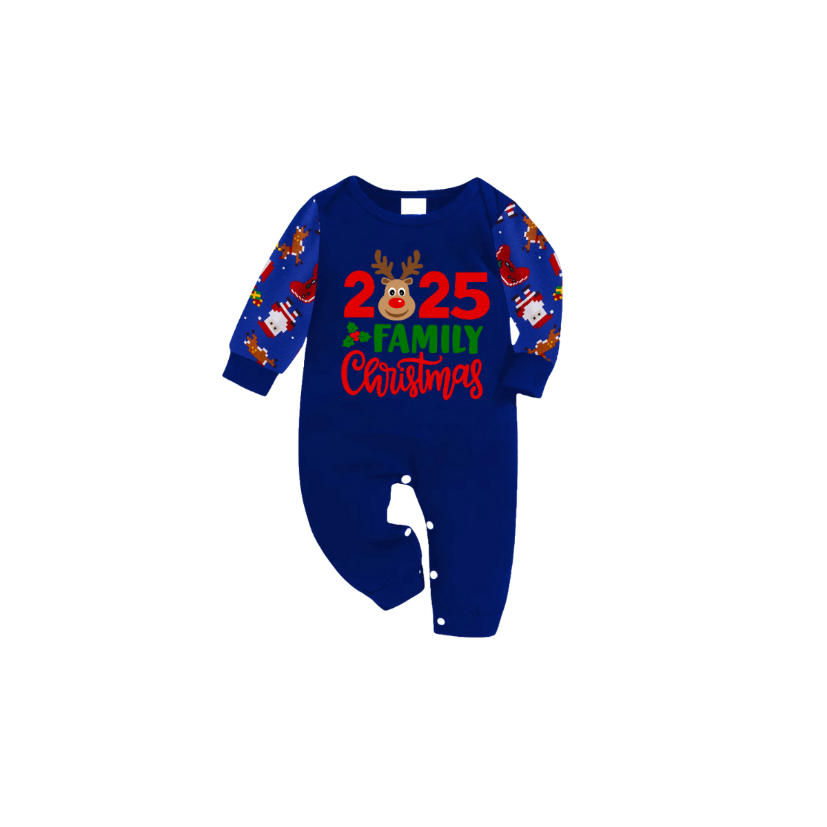 2025 Reindeer Family Christmas Family Pajamas Set - Blue Top / Blue Santa Print Pants / Blue Santa Print Sleeves