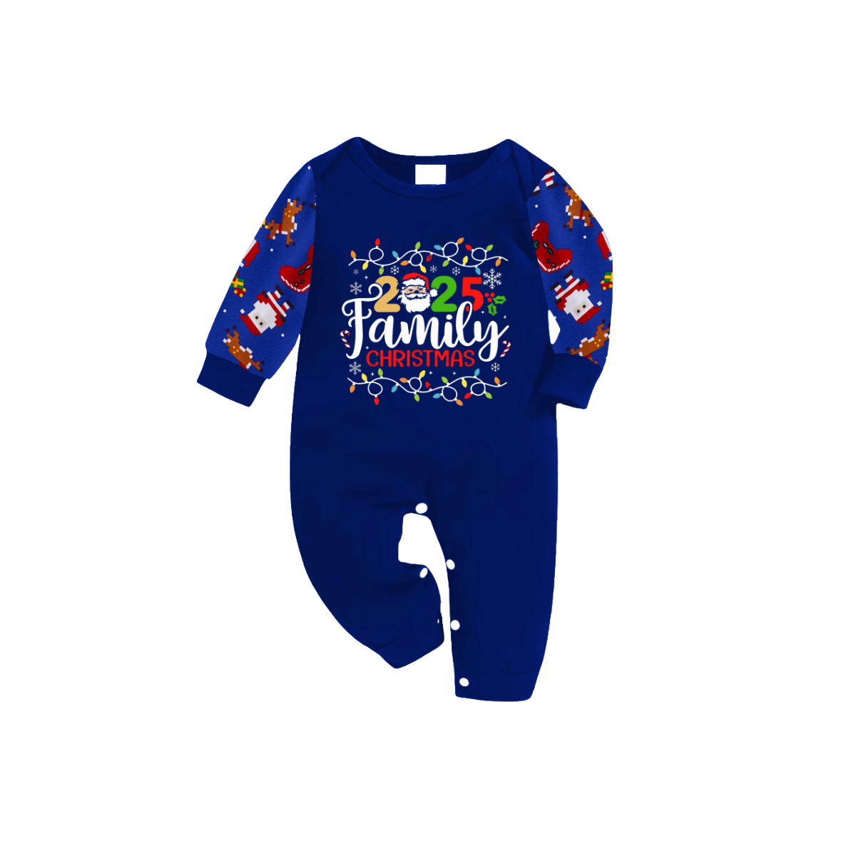 Cozy Blue Christmas Pajamas Set With Christmas Light and "2025 Family Christmas" Text Print