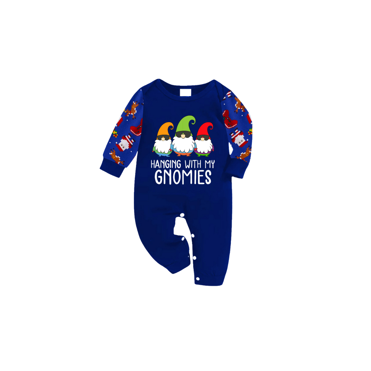 Hanging With My Gnomies Christmas 2025 Family Pajamas Set - Blue Top, Blue Pants, Blue Christmas Cartoon Sleeves