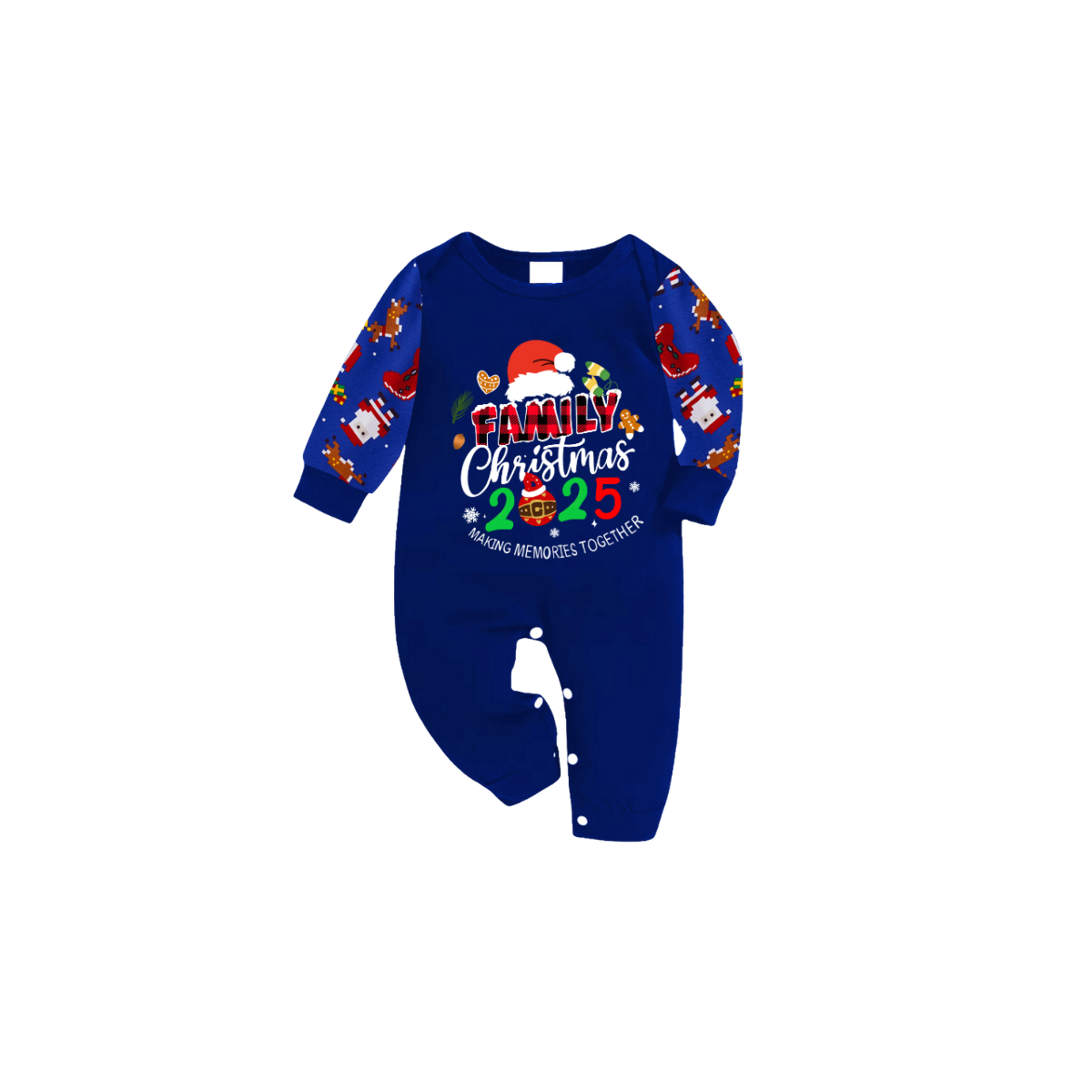 Merry Christmas 2025 Making Memories Family Pajamas Set - Blue Top, Blue Pants, Christmas Cartoon Sleeves, Santa & Gingerbread Print