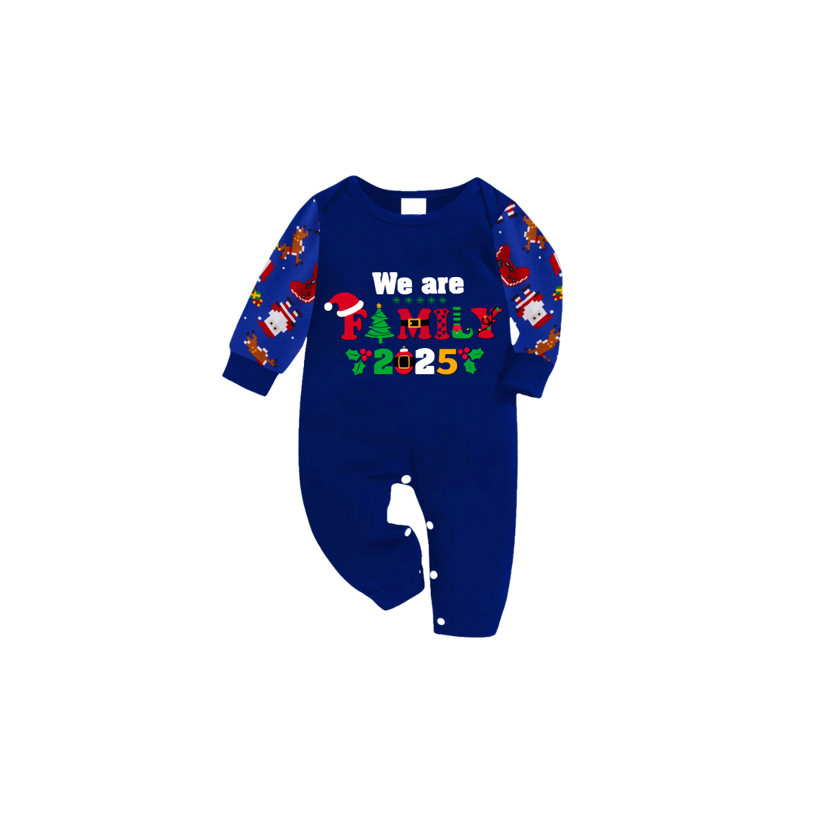 We Are Family Christmas 2025 Family Pajamas Set - Blue Top, Blue Pants, Blue Christmas Cartoon Sleeves