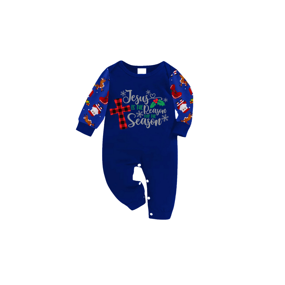 Matching Family Christmas Pajamas Jesus Is the Reason, Blue with Santa Pattern
